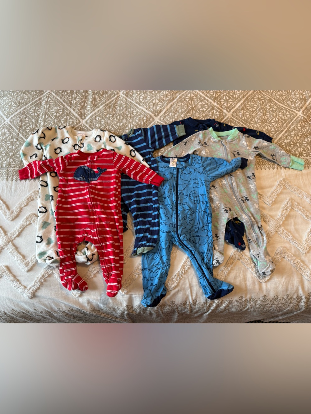 Lot of 6 Multi-Color Baby Footies Pack - Red, Blue, Navy, Gray, Cream size 3-6mo